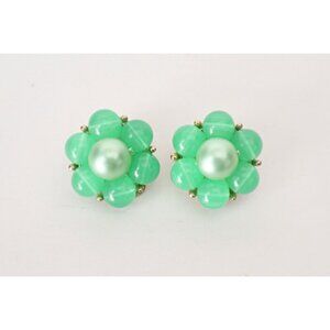 Vintage Earrings Clip On Beaded Jadeite Green Mid Century 1950s  Lot C